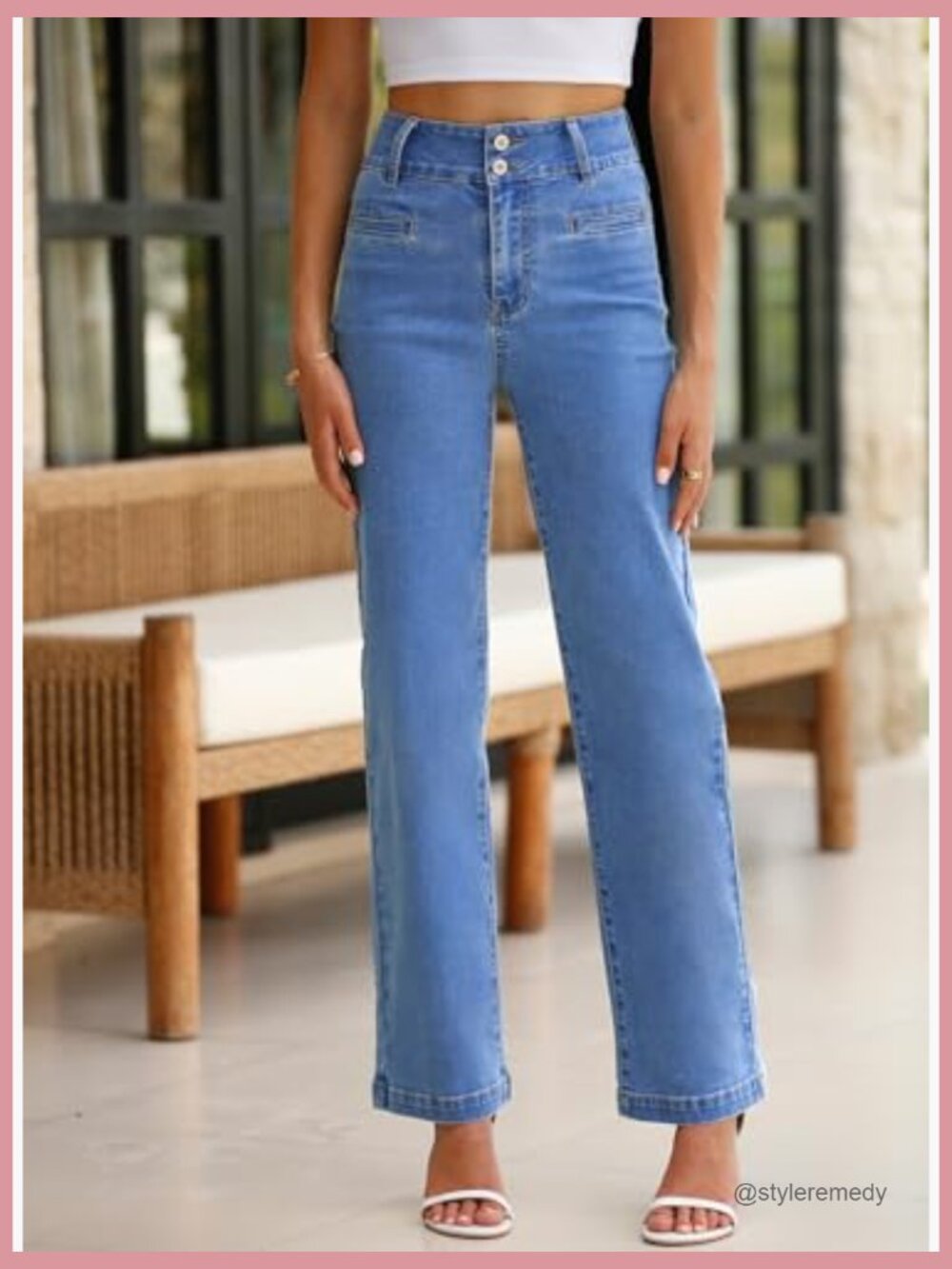 High Waisted Straight Leg Stretchy Jeans Wide Leg Denim Pants with Pockets - Picture 3 of 7